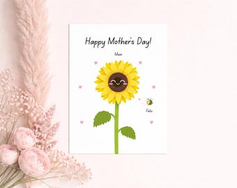 Biglietto d'auguri personalizzato per la festa della mamma con girasoli Bumblee Bee, fiori floreali per mamme, nonne, zie, nonni e nonni.