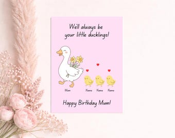 Biglietto di auguri personalizzato per il compleanno della mamma, "Buon compleanno mamma, sarò sempre il tuo piccolo anatroccolo", "Mamma Oca, Pulcini"