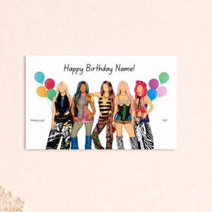 Può includere: Biglietto di compleanno con cinque figure stilizzate, ognuna con acconciature e abiti unici, che tengono in mano palloncini colorati. Il testo "Happy Birthday Name!" è scritto in nero.