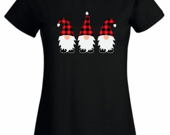 Christmas plaid gnome gonk black Christmas t shirt ladies women Christmas top black gnomes xmas tee women's seasonal t shirt