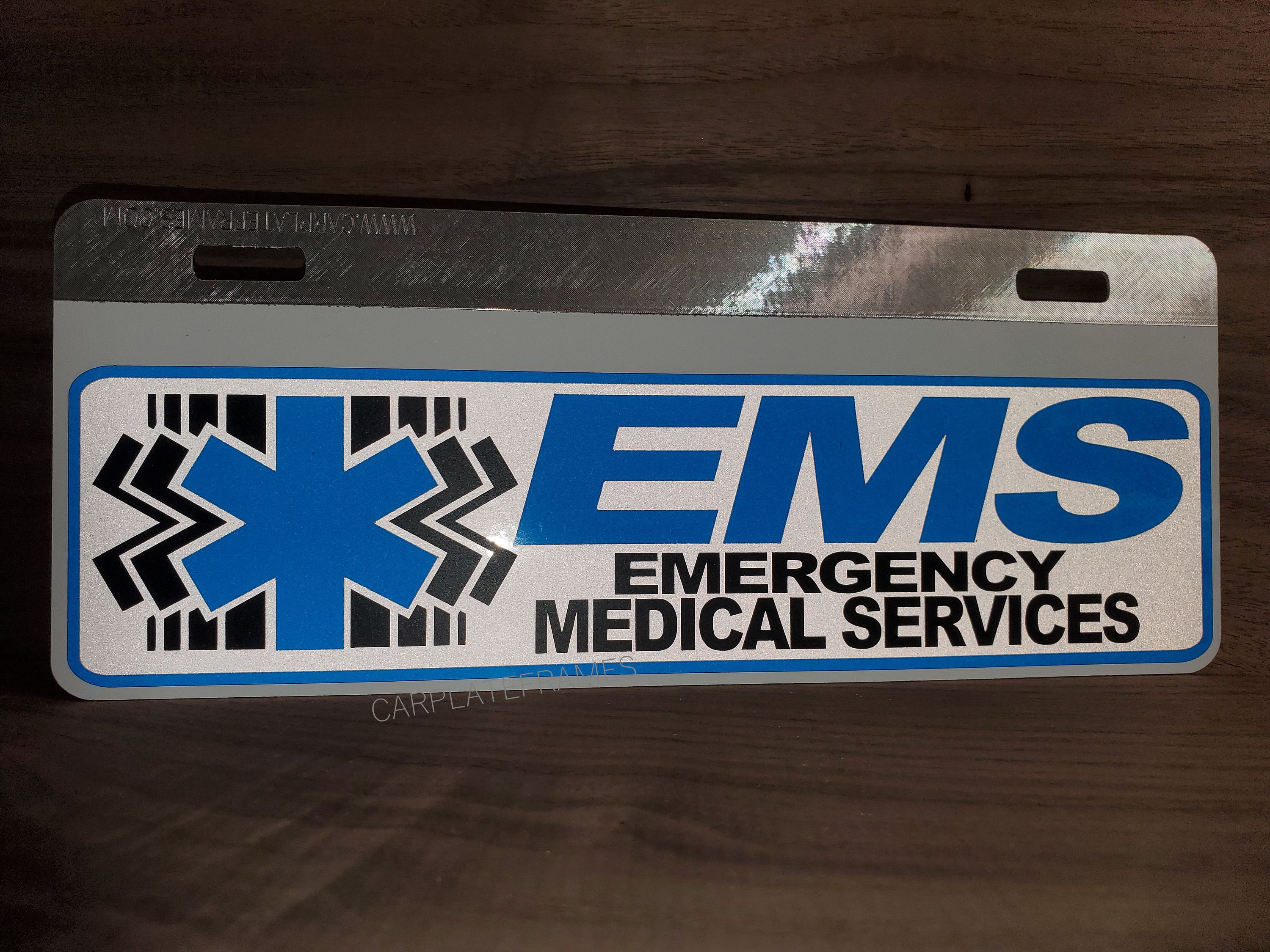 Bottom Mount EMS License Plate REFLECTIVE METAL 10x4 Plate Frame Topper