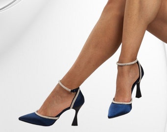 NAVY BLUE Damen Satin Stoff Steinschuhe, Damen Heels, Brautschuhe, Brautjungfer Geschenk, Brautjungfer Schuhe, hohe Schuhe, Brautschuhe, Pumps