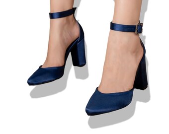 NAVY Blaue Damenschuhe aus Satinstoff, Damen High Heels, Brautschuhe, Blockabsätze, Brautjungfernschuhe, Abendschuhe, Marineblaue Brautschuhe