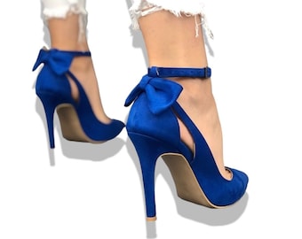 Royal Blue Bow Tie Women's Suede High Heels , Blue Suede Bridal Shoes, Womens high Heels, Wedding Heels, Heeled shoes, Bridal Ankle Heels