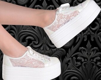 Lace Tulle Bridal Sneakers - High Platform Wedding Shoes