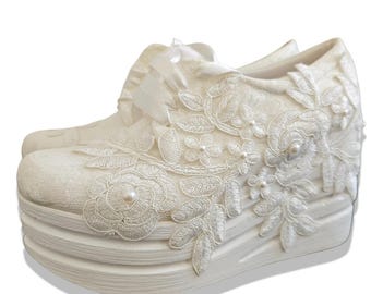 Pearl Lace Bridal Wedge Sneakers: Embroidered Wedding Shoes