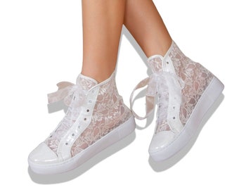 Chaussures habillées Converse en tulle pour robe de mariée, Converse pour mariage, baskets pour mariage, baskets pour la mariée, baskets Converse en tulle en dentelle pour la mariée