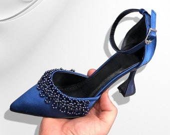 NAVY Blue Women's Satin Fabric Shoes, Women's Heels Pumps, Bridal Shoes, Satin High Heels, Bridesmaid shoes, Wedding Shoes, Bride Shoes