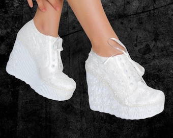 Pearl Embroidered Wedding Platform Sneakers – Lace Bridal Wedge Shoes, Bride High Sneakers, Pearl Lace Bridal Platform Shoes
