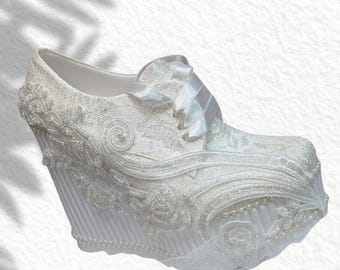 Pearl Lace Bridal Sneakers, Embroidered Wedding Platform Shoes, Custom Bride Converse