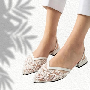 Geborduurde bruidsschoenen van tule | Trouwschoenen met kralen, elegante lage hakken voor bruid bruidsmeisje, witte bruidsflats | Witte trouwschoenen