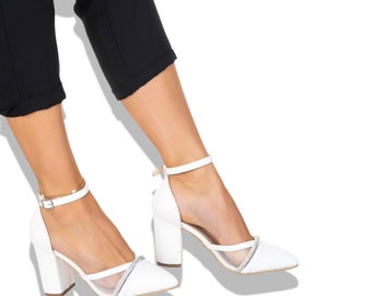 Sapatos de casamento em tule marfim: salto bloco com tira no tornozelo, sapatos para madrinhas