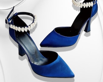 NAVY BLUE Women's Satin Fabric Stone shoes, Wedding Women's Heels, Bridal Shoes, Bridesmaid gift, Bridesmaid shoes, Evening shoe, Bride Shoe