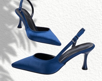 Navy Slingback Heels, Pointed Toe Elegant Pumps, Bridal Wedding Guest Shoes