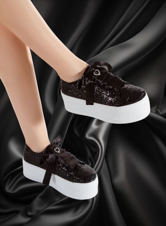Glitter Platform Wedding Sneakers: Bridal Shoes with Ribbon Detail