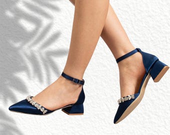 Navy blue Low Heel Satin Bridal Shoes, Rhinestone Wedding Heels, Comfortable Bride Shoes, Bridesmaid Low Heels