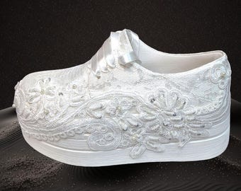 Lace Embroidery Bridal Sneakers: Wedding Platform Shoes, lace embroidered bridal sneakers for wedding, Lace Bride High Sneakers