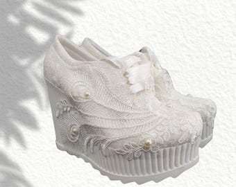 Lace Bridal Platform Sneakers for Bride - Elegant Wedge Wedding Shoes with Floral Embroidery - Comfortable Bridesmaid Sneakers