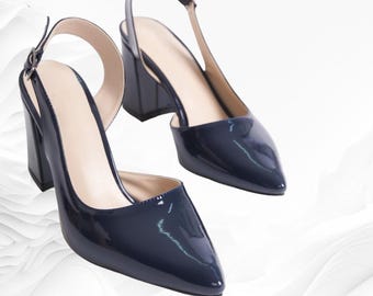 Navy Block Heel Pumps: Vegan Leather Bridal Shoes