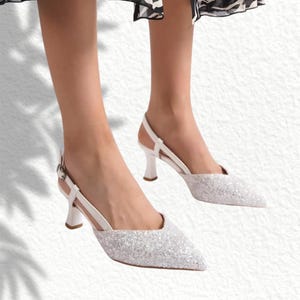Glitter Low Heel Slingback Stiletto – Sparkly Bridal Wedding Shoes – Backless Party Heels for Bridesmaid & Women – Elegant Dress Pumps