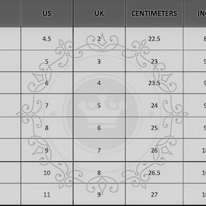 May include: A chart showing shoe sizes in US, UK, EU, centimeters, and inches. The chart shows sizes from 35 to 42 EU.