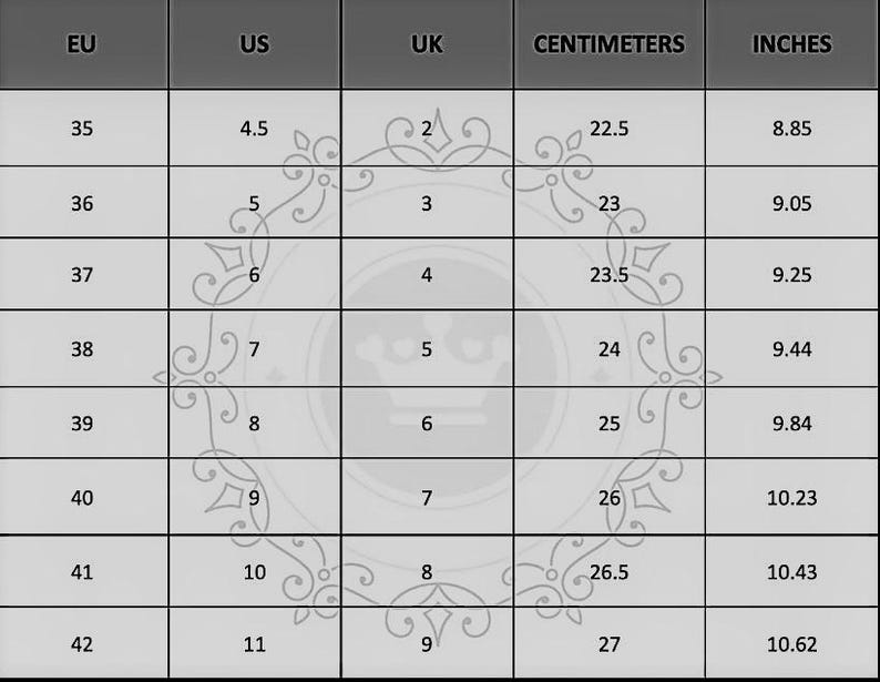 May include: A chart showing shoe sizes in US, UK, EU, centimeters, and inches. The chart shows sizes from 35 to 42 EU.