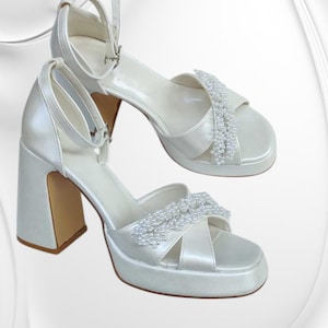 ivory Pearl Bride Shoes, Wedding High Heels, Platform Bridal Shoes, Wedding Bride Shoes, Bridal Ankle Heels, Bridesmaid Block Heels Shoes