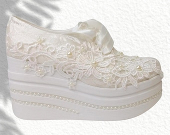 Lace Wedding Sneakers, Pearl Beaded Bridal Platform Shoes, Wedge Heel Comfort Footwear