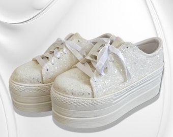 Glitter Wedding Platform Sneakers: Bridal Shoes, Cinderella Glitter  High Trendy Bride Shoes