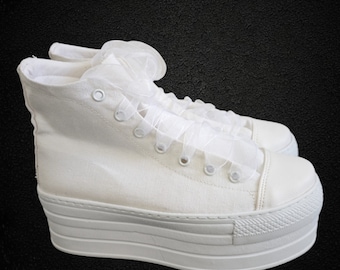 White Linen Platform Converse: Bridal Wedding Sneakers, white bride sneakers, linen bridal shoes, White Bride Linen High Sneakers