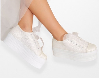 Glitter Wedding Platform Sneakers: Sparkly Bride Shoes, Glitter Bride High Sneakers, Bridal Sneakers, Cinderella Trendy Bride Sneakers