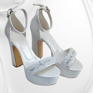 ivory Pearl Bride Shoes, Wedding High Heels, Platform Bridal Shoes, Wedding Bride Shoes, Bridal Ankle Heels, Bridesmaid Block Heels Shoes
