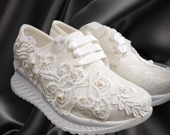 Embroidered Lace Wedding Converse – Bridal Wedge Sneakers for Bride, Comfortable Lace Platform Wedding Shoes, Bride Lift Heel Sneakers