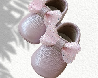 Handmade Genuine Leather Baby Moccasins – Sparkly Bow Ballet Flats for Girls