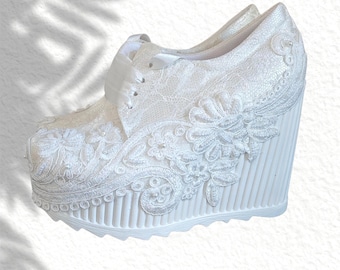 Lace Bridal Sneakers: Platform Wedding Shoes, Comfortable Converse Style, Bride Lace Wedge High Sneakers, Wedding Wedge Sneakers