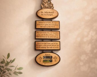 St. Michael Archangel Olive Wood Wall Art, Prayer Hanging with Holy Oil Water
