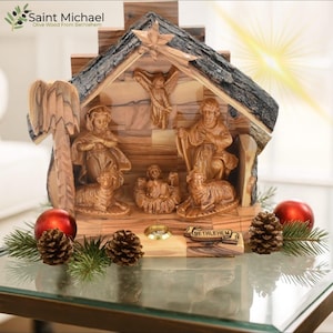 Bethlehem Wooden Nativity Set With Bark Roof Made of Olive Wood in the Holy Land- Christmas Nativity for Home Décor