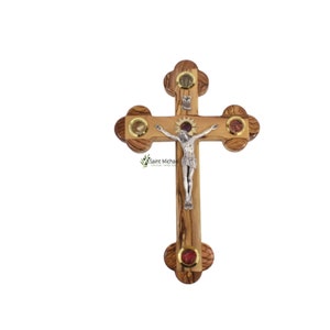 Crocifisso in legno d&#39;ulivo fatto a mano: Croce della Terra Santa con pietre di Gerusalemme (11 pollici)
