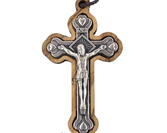 Cross  Olive Wood Cross Pendant Necklace Silver Plated Crucifix with Thread Holy land 1.8