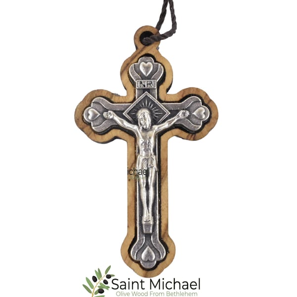 Cross  Olive Wood Cross Pendant Necklace Silver Plated Crucifix with Thread Holy land 1.8