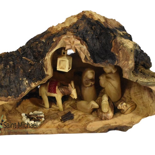 Bethlehem Scene in shops Manger carved inside of a Solid Piece of Olive wood Branch - Christmas Tree Nativity Décor - Made in the Holy Land