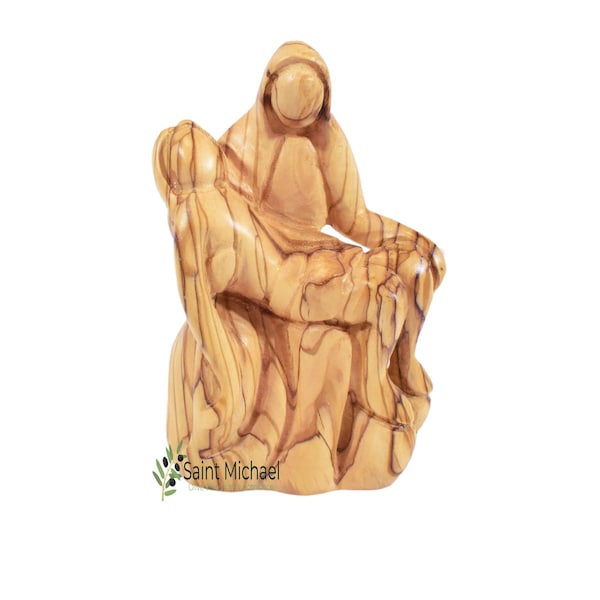 Pieta sculpture Made of Quality Olive Wood in the Holy Land - Virgin Mary cradling the dead body of Jesus