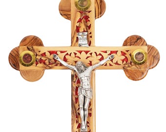 Handmade Olive Wood Crucifix with Relics: Christian Wall Cross from Bethlehem