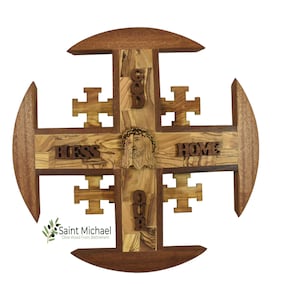 High Quality Unique Jerusalem Cross Made of Olive Wood | Wooden Wall Cross Made in the Holy Land | Holy Cross for Wall