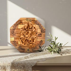 Wall Plaque Holy Family , Olive Wood Plaque of the Holy Family, Home Blessing Wall Hanging Décor with Holy Relics Made in the Holy Land