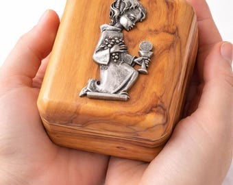 First Communion Olive Wood Rosary Box, Hand Carved Catholic Keepsake Prayer Box