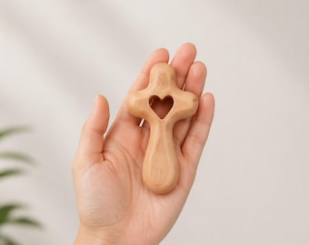 Olive Wood Comfort Cross with Heart – Bethlehem Handmade Pocket Prayer Christian Gift