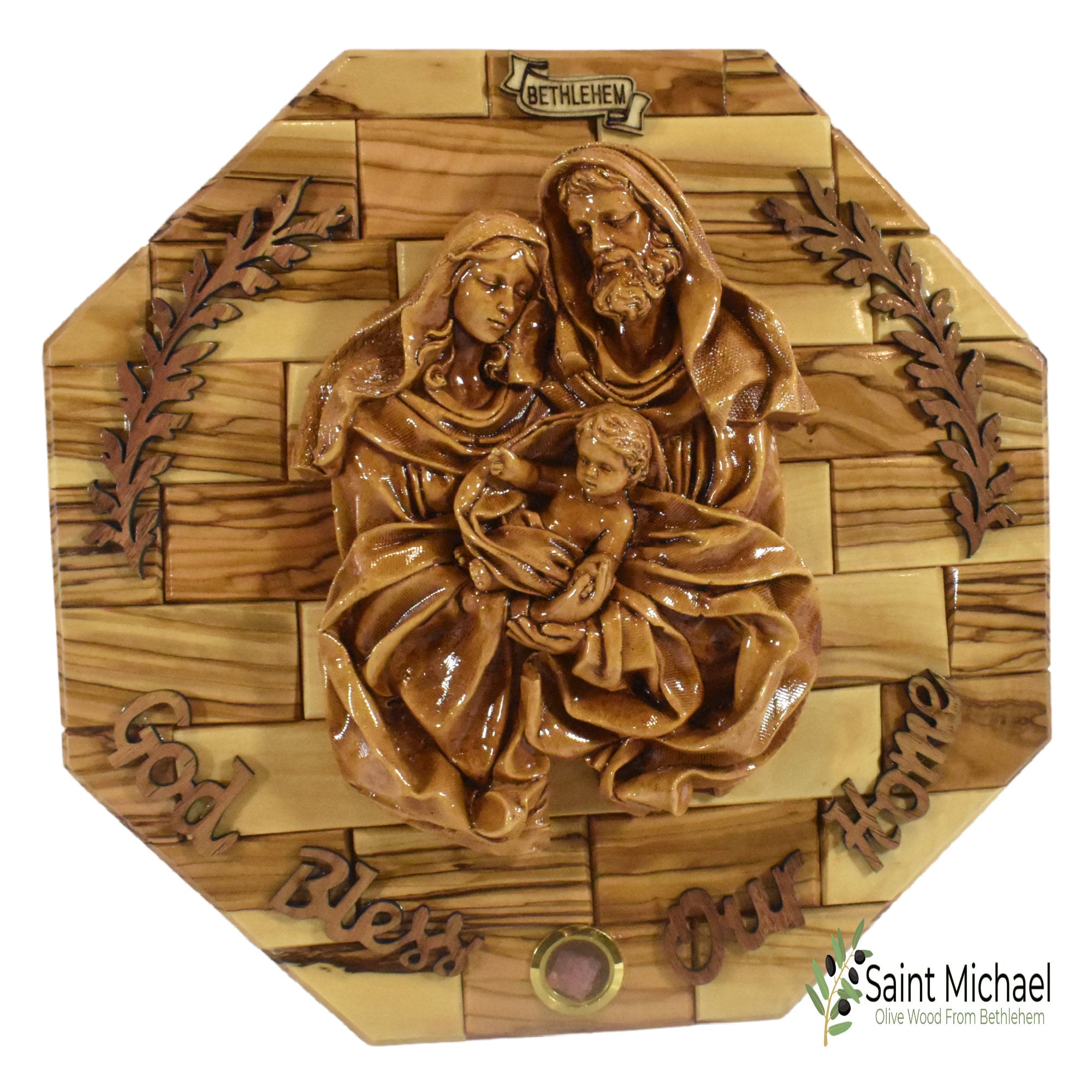 Olive Wood Holy Family Wall Plaque With Relics - Bethlehem Home ...