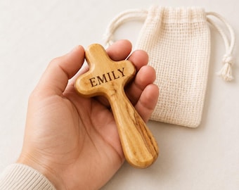 Personalized Olive Wood Comfort Cross, Handmade Bethlehem Prayer Keepsake (4 x 2 inches)