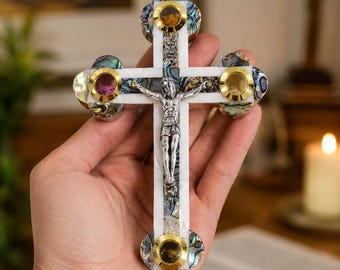Bethlehem Olive Wood Wall Crucifix, Mother of Pearl Inlay, Holy Land Elements, Christian Decor